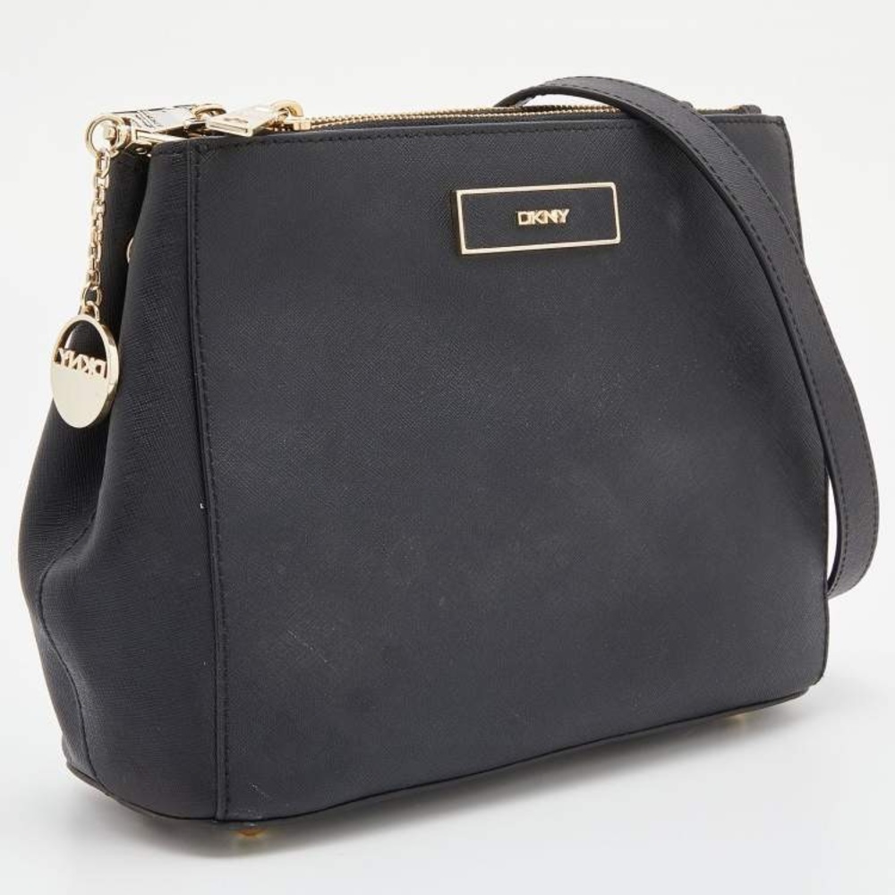 DKNY BLACK SAFFIANO LEATHER DOUBLE SIDED ZIP DOME SATCHEL SHOULDER BAG Crossbody